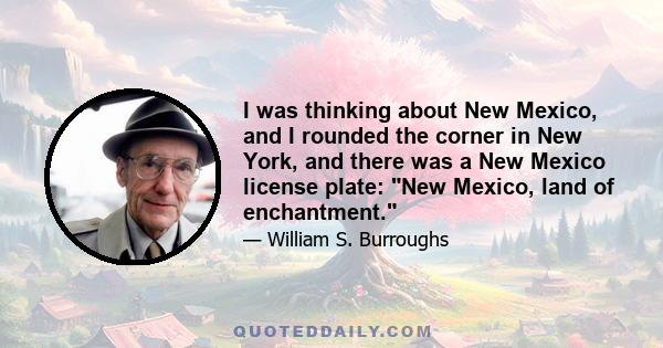 I was thinking about New Mexico, and I rounded the corner in New York, and there was a New Mexico license plate: New Mexico, land of enchantment.