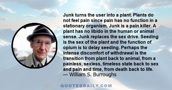 Junk turns the user into a plant. Plants do not feel pain since pain has no function in a stationary organism. Junk is a pain killer. A plant has no libido in the human or animal sense. Junk replaces the sex drive.