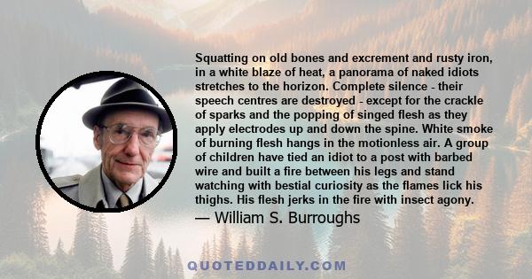 Squatting on old bones and excrement and rusty iron, in a white blaze of heat, a panorama of naked idiots stretches to the horizon. Complete silence - their speech centres are destroyed - except for the crackle of