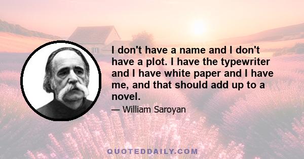 I don't have a name and I don't have a plot. I have the typewriter and I have white paper and I have me, and that should add up to a novel.