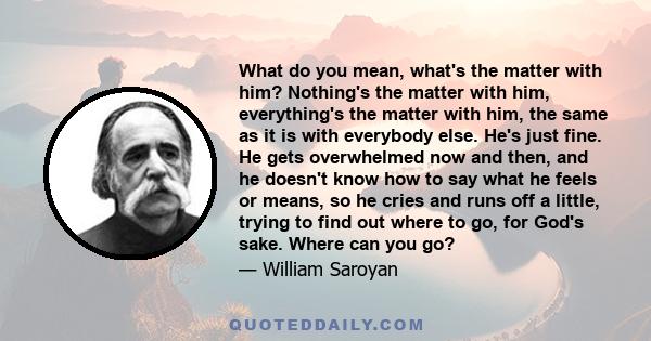 What do you mean, what's the matter with him? Nothing's the matter with him, everything's the matter with him, the same as it is with everybody else. He's just fine. He gets overwhelmed now and then, and he doesn't know 