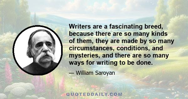 Writers are a fascinating breed, because there are so many kinds of them, they are made by so many circumstances, conditions, and mysteries, and there are so many ways for writing to be done.