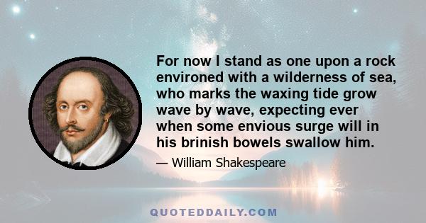 For now I stand as one upon a rock environed with a wilderness of sea, who marks the waxing tide grow wave by wave, expecting ever when some envious surge will in his brinish bowels swallow him.