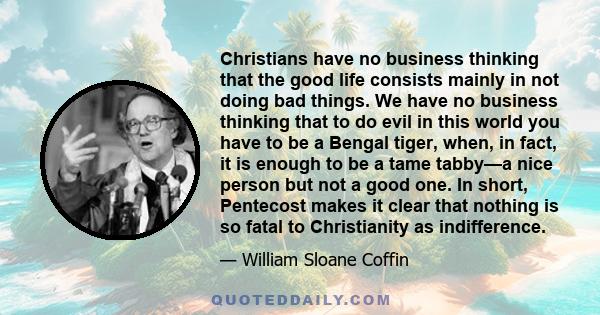 Christians have no business thinking that the good life consists mainly in not doing bad things. We have no business thinking that to do evil in this world you have to be a Bengal tiger, when, in fact, it is enough to