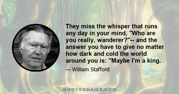 They miss the whisper that runs any day in your mind, Who are you really, wanderer?-- and the answer you have to give no matter how dark and cold the world around you is: Maybe I'm a king.
