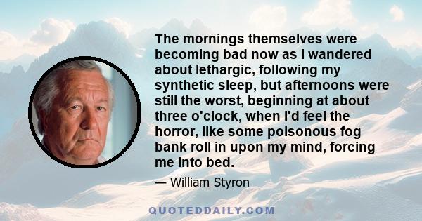 The mornings themselves were becoming bad now as I wandered about lethargic, following my synthetic sleep, but afternoons were still the worst, beginning at about three o'clock, when I'd feel the horror, like some