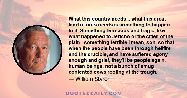 What this country needs... what this great land of ours needs is something to happen to it. Something ferocious and tragic, like what happened to Jericho or the cities of the plain - something terrible I mean, son, so