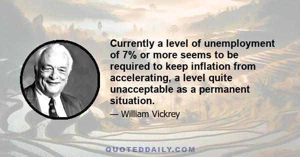 Currently a level of unemployment of 7% or more seems to be required to keep inflation from accelerating, a level quite unacceptable as a permanent situation.