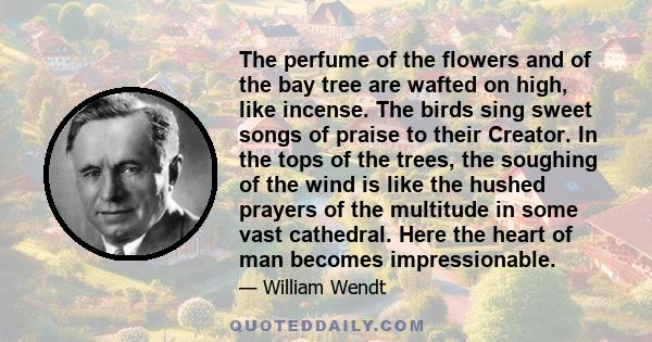 The perfume of the flowers and of the bay tree are wafted on high, like incense. The birds sing sweet songs of praise to their Creator. In the tops of the trees, the soughing of the wind is like the hushed prayers of