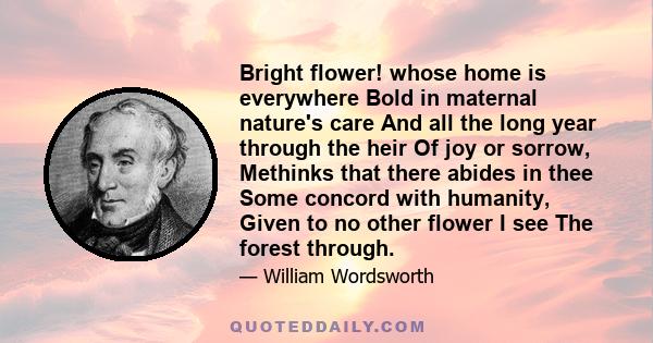 Bright flower! whose home is everywhere Bold in maternal nature's care And all the long year through the heir Of joy or sorrow, Methinks that there abides in thee Some concord with humanity, Given to no other flower I