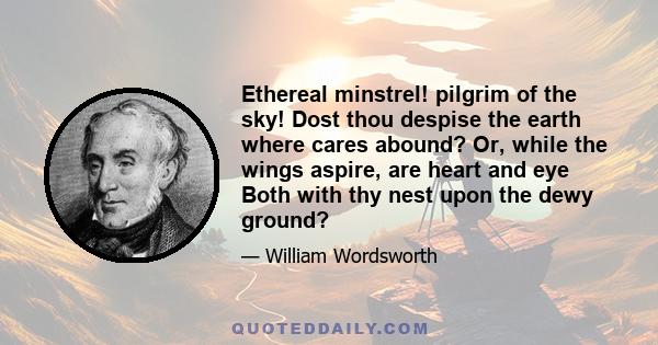 Ethereal minstrel! pilgrim of the sky! Dost thou despise the earth where cares abound? Or, while the wings aspire, are heart and eye Both with thy nest upon the dewy ground?