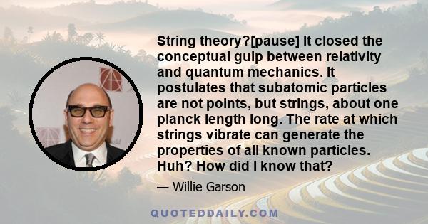 String theory?[pause] It closed the conceptual gulp between relativity and quantum mechanics. It postulates that subatomic particles are not points, but strings, about one planck length long. The rate at which strings