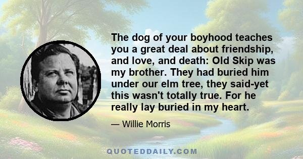 The dog of your boyhood teaches you a great deal about friendship, and love, and death: Old Skip was my brother. They had buried him under our elm tree, they said-yet this wasn't totally true. For he really lay buried