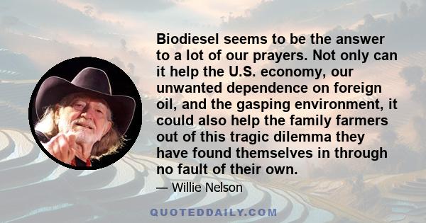 Biodiesel seems to be the answer to a lot of our prayers. Not only can it help the U.S. economy, our unwanted dependence on foreign oil, and the gasping environment, it could also help the family farmers out of this