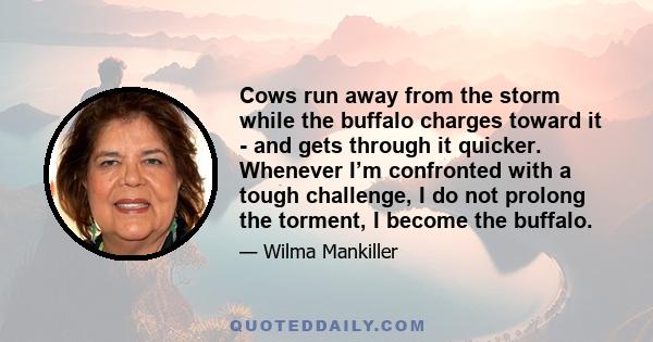 Cows run away from the storm while the buffalo charges toward it - and gets through it quicker. Whenever I’m confronted with a tough challenge, I do not prolong the torment, I become the buffalo.