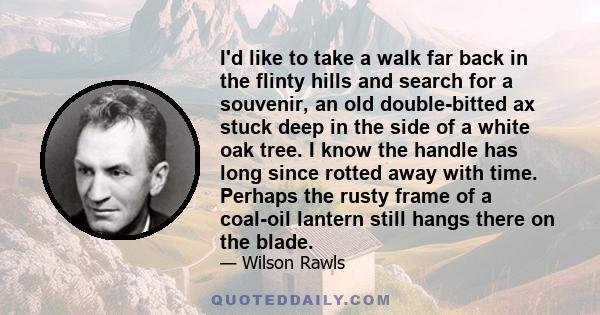 I'd like to take a walk far back in the flinty hills and search for a souvenir, an old double-bitted ax stuck deep in the side of a white oak tree. I know the handle has long since rotted away with time. Perhaps the