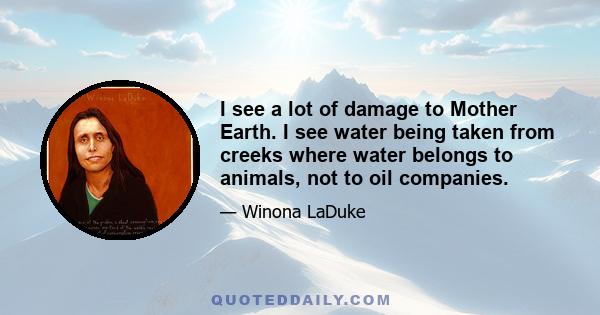 I see a lot of damage to Mother Earth. I see water being taken from creeks where water belongs to animals, not to oil companies.