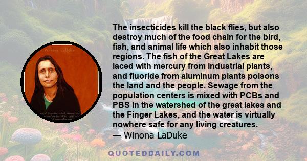 The insecticides kill the black flies, but also destroy much of the food chain for the bird, fish, and animal life which also inhabit those regions. The fish of the Great Lakes are laced with mercury from industrial