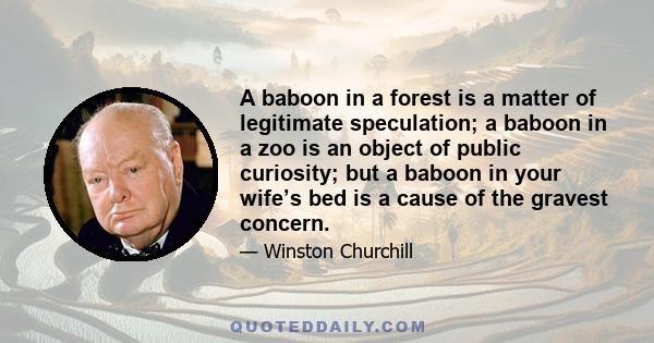 A baboon in a forest is a matter of legitimate speculation; a baboon in a zoo is an object of public curiosity; but a baboon in your wife’s bed is a cause of the gravest concern.