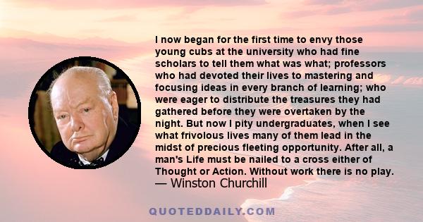 I now began for the first time to envy those young cubs at the university who had fine scholars to tell them what was what; professors who had devoted their lives to mastering and focusing ideas in every branch of