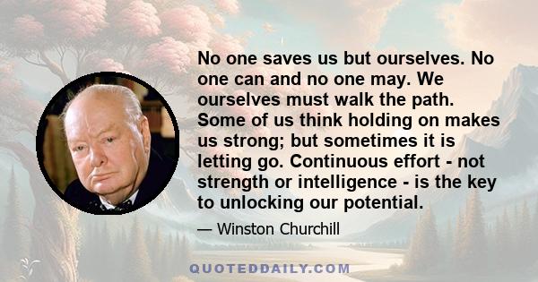 No one saves us but ourselves. No one can and no one may. We ourselves must walk the path. Some of us think holding on makes us strong; but sometimes it is letting go. Continuous effort - not strength or intelligence -