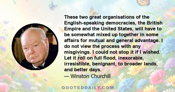 These two great organisations of the English-speaking democracies, the British Empire and the United States, will have to be somewhat mixed up together in some affairs for mutual and general advantage. I do not view the 