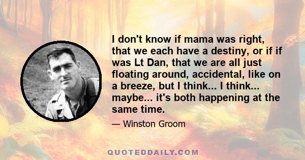 I don't know if mama was right, that we each have a destiny, or if if was Lt Dan, that we are all just floating around, accidental, like on a breeze, but I think... I think... maybe... it's both happening at the same