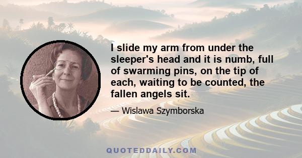 I slide my arm from under the sleeper's head and it is numb, full of swarming pins, on the tip of each, waiting to be counted, the fallen angels sit.