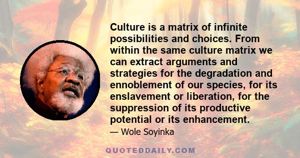 Culture is a matrix of infinite possibilities and choices. From within the same culture matrix we can extract arguments and strategies for the degradation and ennoblement of our species, for its enslavement or