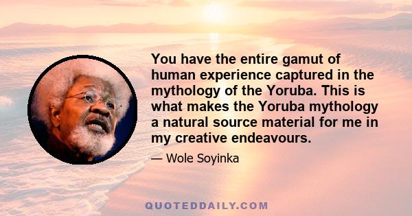 You have the entire gamut of human experience captured in the mythology of the Yoruba. This is what makes the Yoruba mythology a natural source material for me in my creative endeavours.