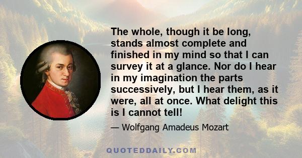 The whole, though it be long, stands almost complete and finished in my mind so that I can survey it at a glance. Nor do I hear in my imagination the parts successively, but I hear them, as it were, all at once. What