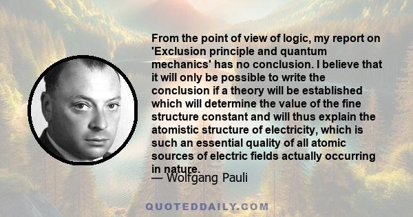 From the point of view of logic, my report on 'Exclusion principle and quantum mechanics' has no conclusion. I believe that it will only be possible to write the conclusion if a theory will be established which will