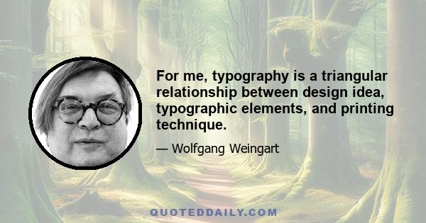 For me, typography is a triangular relationship between design idea, typographic elements, and printing technique.