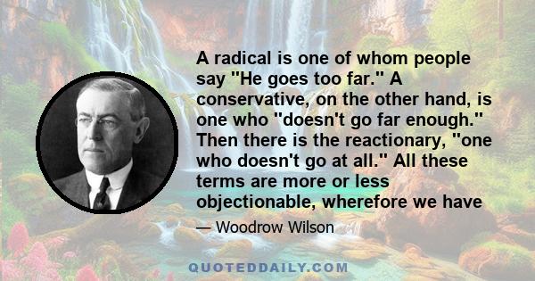 A radical is one of whom people say ''He goes too far.'' A conservative, on the other hand, is one who ''doesn't go far enough.'' Then there is the reactionary, ''one who doesn't go at all.'' All these terms are more or 