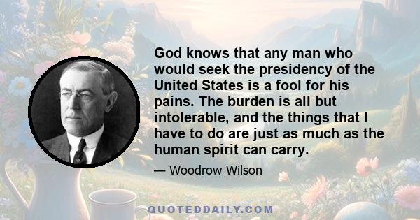 God knows that any man who would seek the presidency of the United States is a fool for his pains. The burden is all but intolerable, and the things that I have to do are just as much as the human spirit can carry.