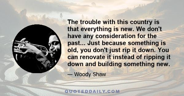 The trouble with this country is that everything is new. We don't have any consideration for the past... Just because something is old, you don't just rip it down. You can renovate it instead of ripping it down and