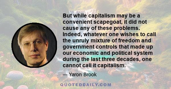 But while capitalism may be a convenient scapegoat, it did not cause any of these problems. Indeed, whatever one wishes to call the unruly mixture of freedom and government controls that made up our economic and