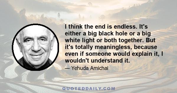 I think the end is endless. It's either a big black hole or a big white light or both together. But it's totally meaningless, because even if someone would explain it, I wouldn't understand it.