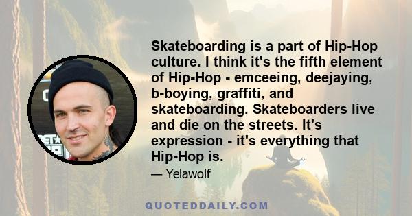 Skateboarding is a part of Hip-Hop culture. I think it's the fifth element of Hip-Hop - emceeing, deejaying, b-boying, graffiti, and skateboarding. Skateboarders live and die on the streets. It's expression - it's