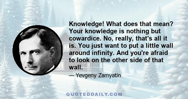 Knowledge! What does that mean? Your knowledge is nothing but cowardice. No, really, that's all it is. You just want to put a little wall around infinity. And you're afraid to look on the other side of that wall.