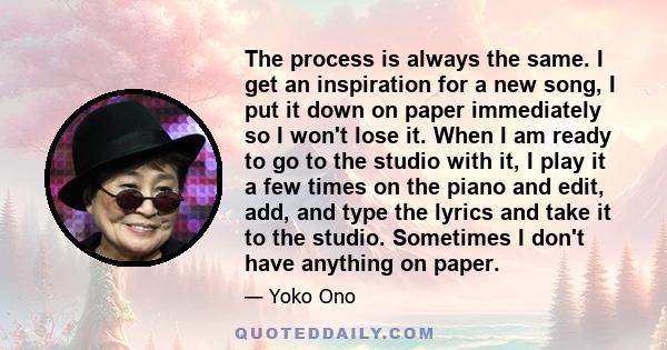 The process is always the same. I get an inspiration for a new song, I put it down on paper immediately so I won't lose it. When I am ready to go to the studio with it, I play it a few times on the piano and edit, add,