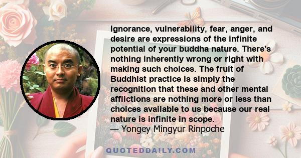 Ignorance, vulnerability, fear, anger, and desire are expressions of the infinite potential of your buddha nature. There's nothing inherently wrong or right with making such choices. The fruit of Buddhist practice is