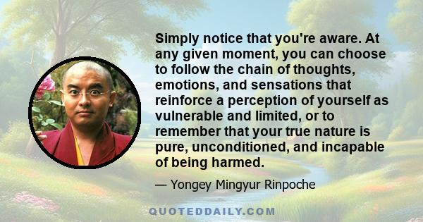 Simply notice that you're aware. At any given moment, you can choose to follow the chain of thoughts, emotions, and sensations that reinforce a perception of yourself as vulnerable and limited, or to remember that your