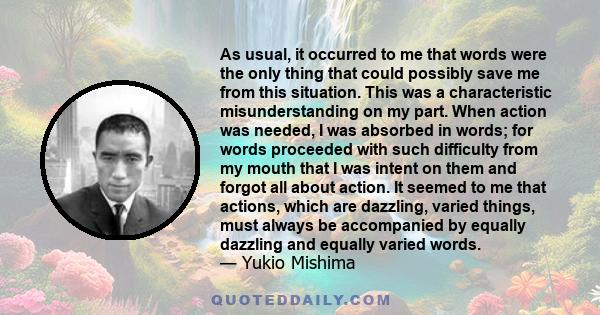 As usual, it occurred to me that words were the only thing that could possibly save me from this situation. This was a characteristic misunderstanding on my part. When action was needed, I was absorbed in words; for