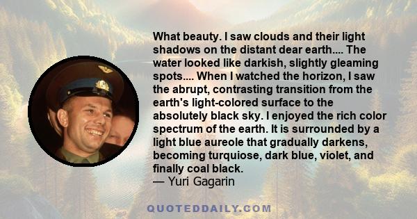 What beauty. I saw clouds and their light shadows on the distant dear earth.... The water looked like darkish, slightly gleaming spots.... When I watched the horizon, I saw the abrupt, contrasting transition from the