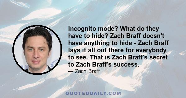 Incognito mode? What do they have to hide? Zach Braff doesn't have anything to hide - Zach Braff lays it all out there for everybody to see. That is Zach Braff's secret to Zach Braff's success.