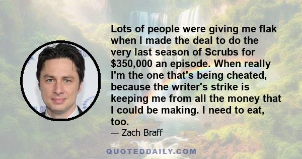 Lots of people were giving me flak when I made the deal to do the very last season of Scrubs for $350,000 an episode. When really I'm the one that's being cheated, because the writer's strike is keeping me from all the