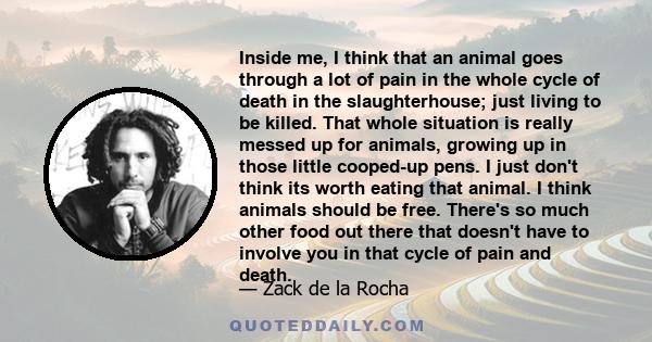 Inside me, I think that an animal goes through a lot of pain in the whole cycle of death in the slaughterhouse; just living to be killed. That whole situation is really messed up for animals, growing up in those little