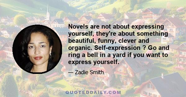 Novels are not about expressing yourself, they're about something beautiful, funny, clever and organic. Self-expression ? Go and ring a bell in a yard if you want to express yourself.