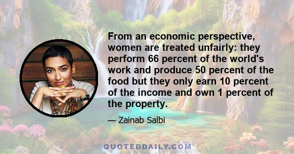 From an economic perspective, women are treated unfairly: they perform 66 percent of the world's work and produce 50 percent of the food but they only earn 10 percent of the income and own 1 percent of the property.